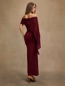 SHEIN BAE Brown Elegant Off-Shoulder Straight Fitted Dress, Suitable For Birthday, Party, Gathering Events, Autumn/Winter Layering Dress, Halloween, Christmas, Elegant Dress - Burgundy - View 2
