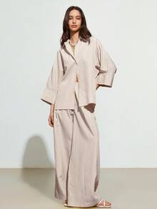 GENKIRA Women's Casual Striped Loose Shirt And High Waist Wide Leg Pants 2 Pieces Set - Apricot - View 4