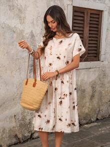 SHEIN LUNE 女士圆领水墨画图案休闲度假约会中长连衣裙 - 彩色 - 查看 5