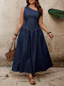 EMERY ROSE 大码纯色褶皱不对称肩部无袖牛仔夏季连衣裙 - 藍色 - 查看 1