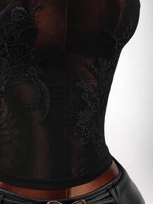 Amplova 女士薄纱花卉上衣，性感露背设计，立领，性感撩人 - 黑色 - 查看 6