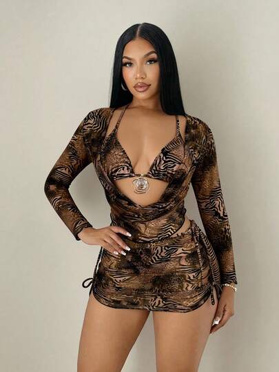 Sirith 4pcs Women's Plunging Neck Mesh Skirt Sexy Animal Print Bikini Swimsuit, Beach Wear, Spring/Summer