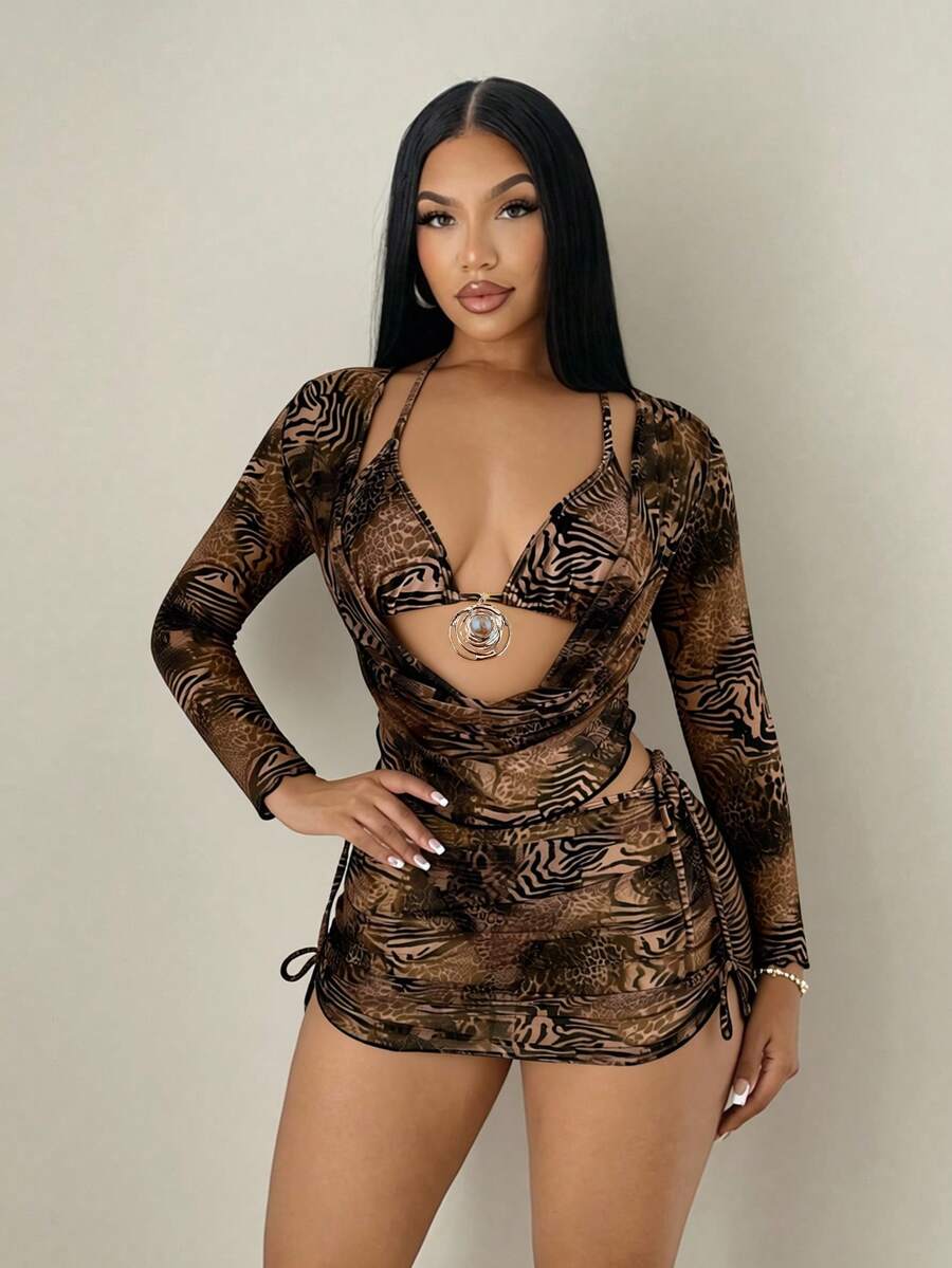 Sirith 4件套女士深V领网纱裙性感动物纹比基尼泳衣，沙滩装，春夏款 - 棕色 - 查看 1