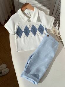 SHEIN 两件套男宝宝春夏学院风菱格纹短袖Polo衫及蓝色格子裤绅士套装，适合生日派对、锐舞派对、晚宴、演出、婚礼、迎婴派对、一周岁生日庆祝等场合。 - 彩色 - 查看 7