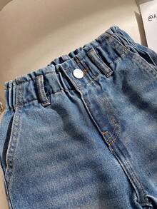 女童（小号）松紧腰宽松牛仔裤，休闲百搭 - 藍色 - 查看 3