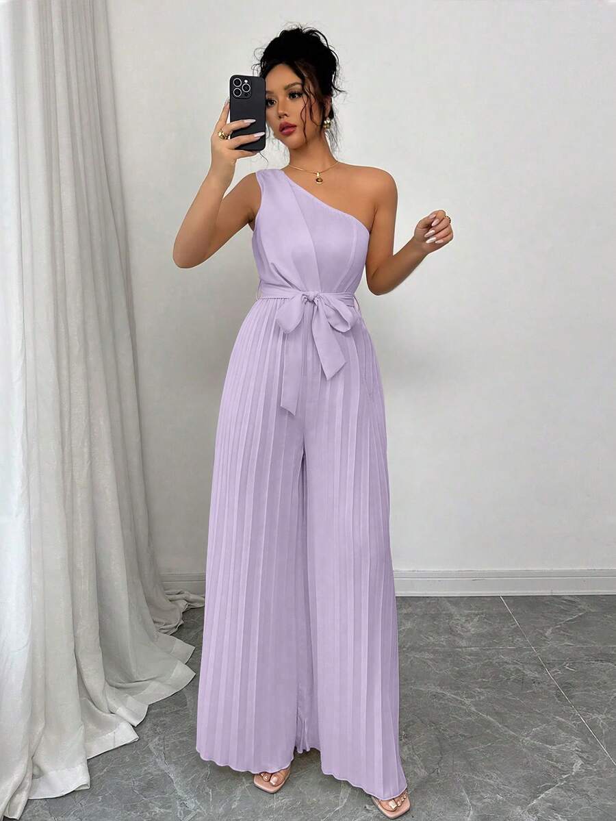 Elenzga Elegant Solid Color Ruched Waist One-Shoulder Jumpsuit For Women - Mauve Purple - View 1