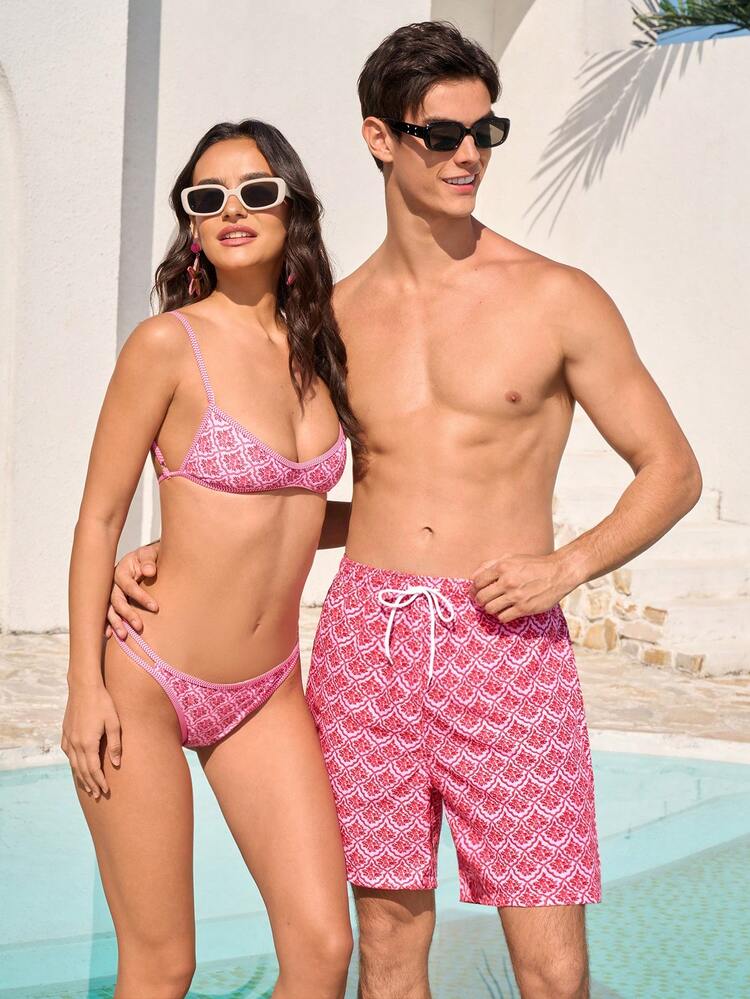 Manfinity Swimmode Men's Casual Printed Beach Shorts Matching Couple Swimsuits Couple Bathing Suit Set His And Hers Swimsuits Couple Beachwear Men Swim Trunks Couple Matching Couple Swimwear Couple Bathing Suit Set Boyfriend And Girlfriend Matching Swimsuits Print Pink Swimwear - Pink - View 1