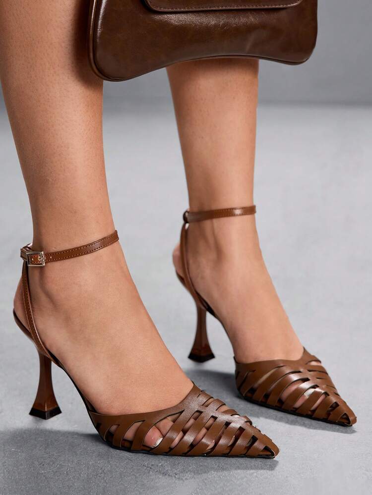 CUCCOO SZL Ladies Shoes Sexy Hollow Cross Strap Brown High Heels Wine Glass Heel Pointed 9CM Elegant Stiletto Shoes Women's Brown High Heels Kitten Heels Versatile Fashion Suitable For Daily/Beach/Vacation/Party/Christmas Thanksgiving Valentine's Day Dating/Wedding/Prom/Ladies Shoes