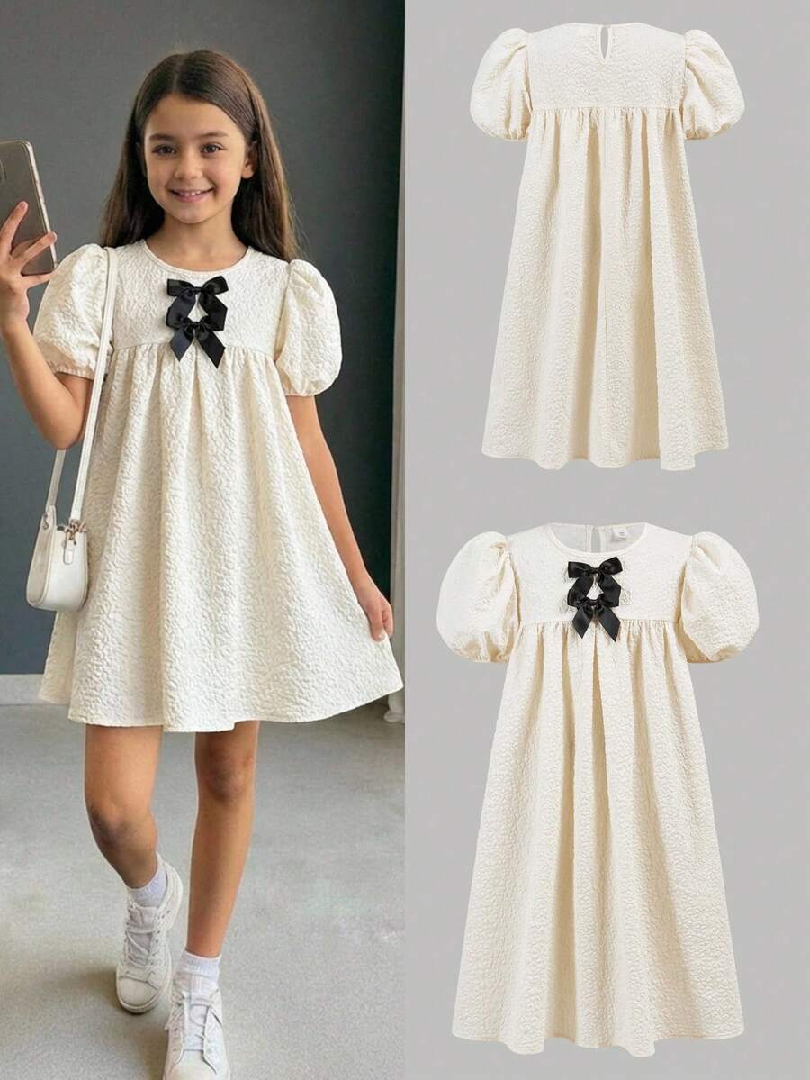 Firerie Kids Tween Girl Elegant Commuter Champagne Jacquard Cute Puff Sleeve Round Neck Black Bow Tie Babydoll A-Line Dress, Spring/Summer - Champagne - View 1