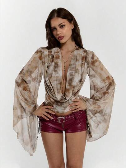 SHEIN ICON Vintage Print Oversized Loose Collar Women Top