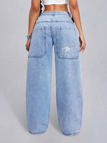 SHEIN ICON Women's Front Button Pocket Casual Denim Jeans, Everyday Wear Low Rise Straight Leg Baggy Jeans Women - Baby Blue - View 2