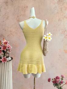 Selianne 优雅无袖V领女士迷你连衣裙，春夏款 - 淡黃色 - 查看 2
