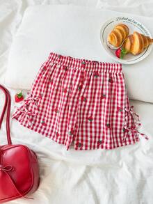 Shorts casuales de verano para niñas preadolescentes con estampado a cuadros y bordado de fresa con cordón - Rojo - Ver 3