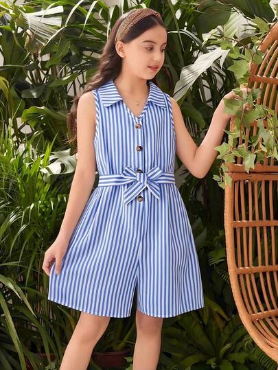 SHEIN Sparklyn 1 buc. Salopă nouă pentru fete, la modă, primăvară/vară, casual, țesut, cu dungi, rever, lucrat manual, fără mâneci, cu curea, potrivită pentru ieșiri zilnice, timp liber, petrecere