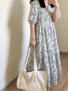 FRIFUL Women's Casual Floral Print Puff Sleeve Dress, Summer - Beige - View 1