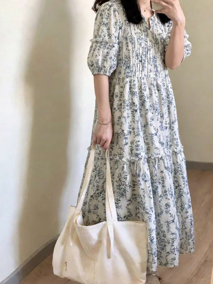 FRIFUL Women's Casual Floral Print Puff Sleeve Dress, Summer - Beige - View 1