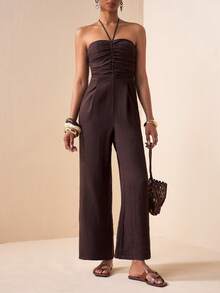 Zivah 2026春夏新款音乐节、复活节、圣帕特里克节、情人节、约会、西部风、游牧风、生日派对、毕业典礼、大学、学生、日常穿着、百搭基础款、休闲、度假、邮轮旅行、海滩、日光浴、热门款、街头风、婚礼宾客波西米亚风、通勤、早午餐、机场、派对、假日郊游、办公穿着、露背系带连体裤（带侧袋）、踝部系带棕色亚麻连体裤 - 棕色 - 查看 2