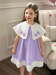 Elladie kids Young Girls White Collar Bow Design Loose A-Line Dress - Mauve Purple - View 5