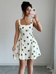 Elenzga 方领黑色波点优雅短裙 - 綠色 - 查看 5