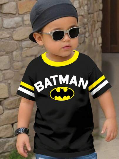 BATMAN X SHEIN Young Boy Casual Classic Cool Bat Print Short Sleeve T-Shirt, Suitable For Summer