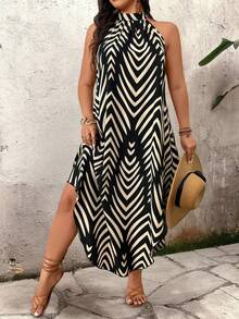 SHEIN Tall CURVE Plus Size Women Summer Zip Collar Sleeveless Striped Casual Elegant Dress - Multicolor - View 3
