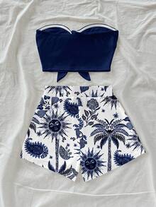 Soleia Ensemble 2 pièces imprimé cocotier et fleur de cajou pour femmes grandes tailles, idéal pour les vacances, l'été, chic - Bleu marine - Voir 2