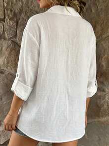 EMERY ROSE Plus Size Women White Long Sleeve Button-Up Shirt - White - View 2