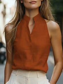 EMERY ROSE 女士无袖立领亚麻质感背心，百搭显瘦，通勤必备 - 鏽棕色 - 查看 3