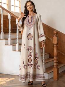 INAWLY Robe décontractée à manches longues, col rond, coupe ample, imprimé floral pour femmes - Nude - Voir 1