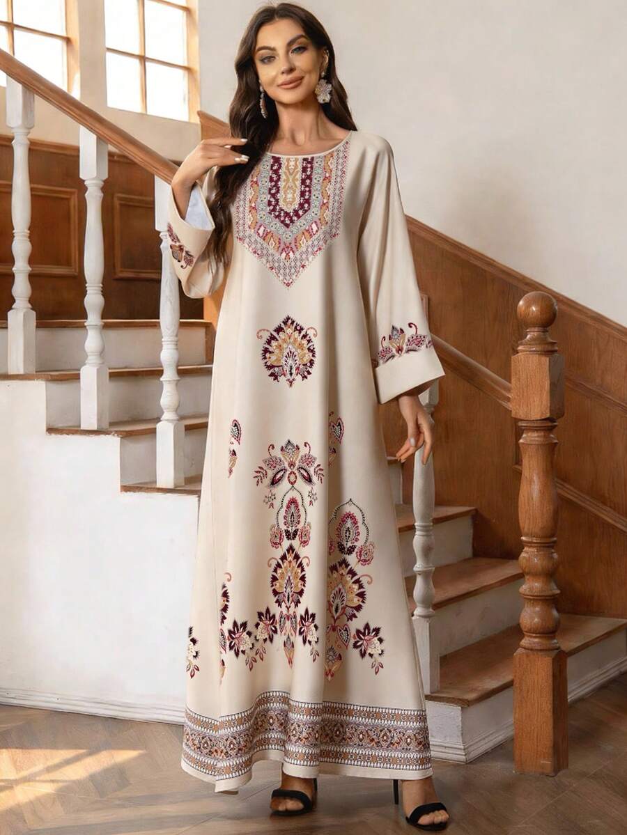 INAWLY Robe décontractée à manches longues, col rond, coupe ample, imprimé floral pour femmes - Nude - Voir 1