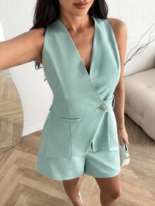 SHEIN Women Belted Detailed Vest And Short Suit Sets - Mint Green - View 6