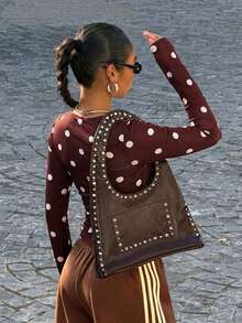 Muchica 休闲黄色波点针织女式圆领长袖T恤 - 棕色 - 查看 2