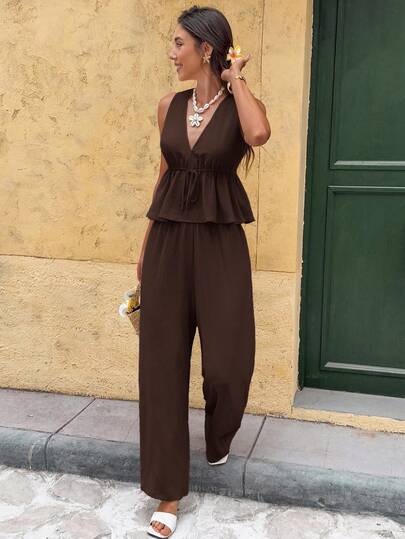 SHEIN Frenchy Women's Solid Color V-Neck Ruffle Tie Front Top And Wide Leg Pants Casual 2 Piece Set