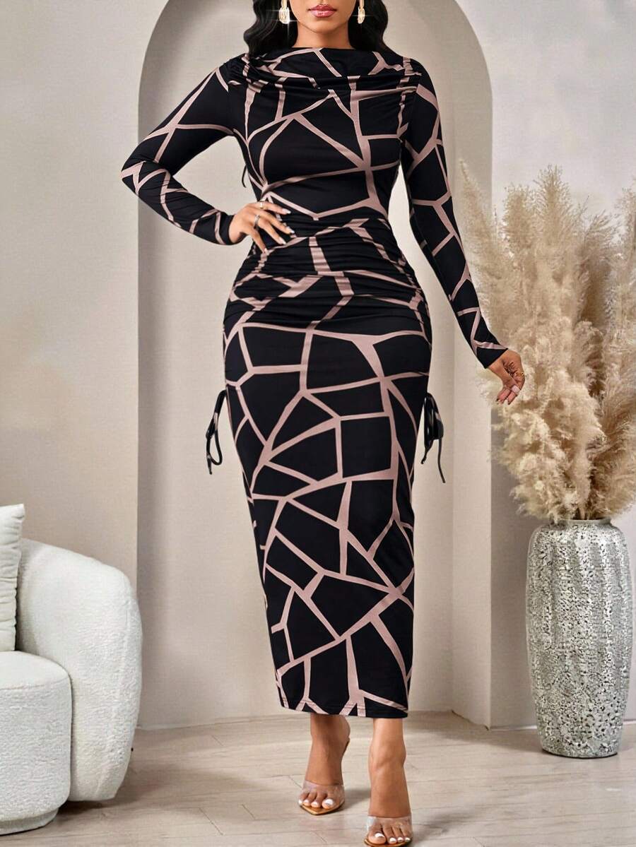 SHEIN Lady Leoparden-Muster Slim Fit Langarm Bootkragen Damenkleid, elegantes und exquisites Damenkleid - Verschiedenfarbig - Übersicht 1