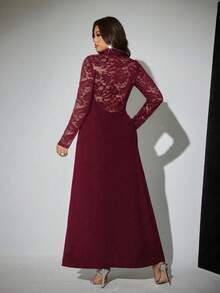 Viva Relle 大尺碼女款酒紅色優雅正式婚禮秋季禮服，蕾絲露背翻領長袖修身開衩洋裝，適合派對與各種場合 - 酒紅色 - 查看 2