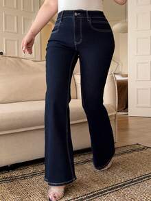 Dazy Plus 深色水洗蓝色弹力修身喇叭牛仔裤，四季皆宜 - 深色水洗藍 - 查看 1