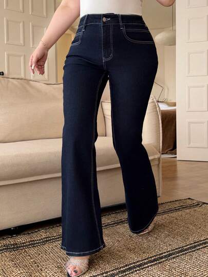 Dazy Plus Dark Wash Blue Elastic Skinny Flare Jeans, All Season