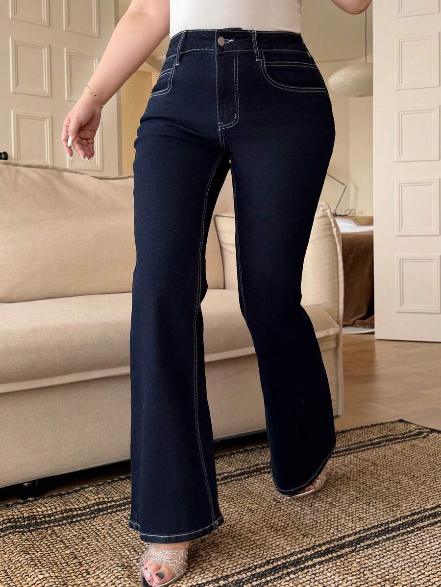 Dazy Plus 深色水洗蓝色弹力修身喇叭牛仔裤，四季皆宜 - 深色水洗藍 - 查看 1