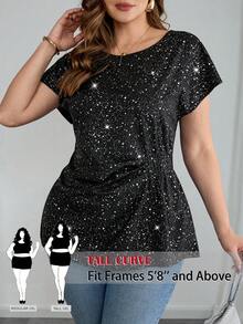 SHEIN Tall CURVE 大码亮面派对上衣，夏季，情人节，派对上衣，婚礼及活动，优雅休闲，黑色上衣，日常，通勤，派对，职场大码黑色上衣 - 黑色 - 查看 8