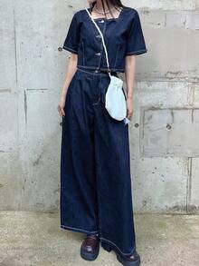 FRIFUL Women's Square Neck Short Sleeve Single-Breasted Top And Wide-Leg Jeans Casual Suit - Blue - View 4