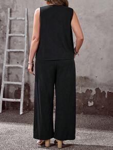 EMERY ROSE 大码女式休闲度假黑色上衣和裤子两件套，舒适带口袋，夏季 - 黑色 - 查看 3