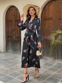 DAZY Damen Kleid mit V-Ausschnitt, tailliert, Langarm, Blumendruck, Sommerkleid für Frauen - Schwarz - Übersicht 7