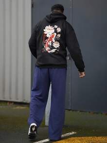 Heavens Edit 男士休闲街头鲤鱼莲花印花口袋抽绳连帽衫，保暖内衬，秋冬季长袖上衣 - 黑色 - 查看 2