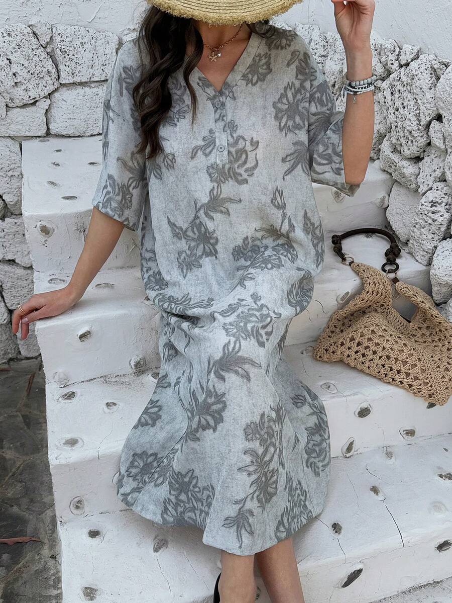 Vivie Lora 女士V领宽松全印花半拉链长连衣裙 - 灰色 - 查看 1