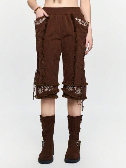 ROMWE Fairycore Fairy Embroidery Drawstring Corduroy Capri Pants