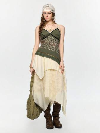 Fairycore Feenartiger Lässig Urlaubs-Look, asymmetrisches Trägertop mit Kontrastfarben-Stickerei