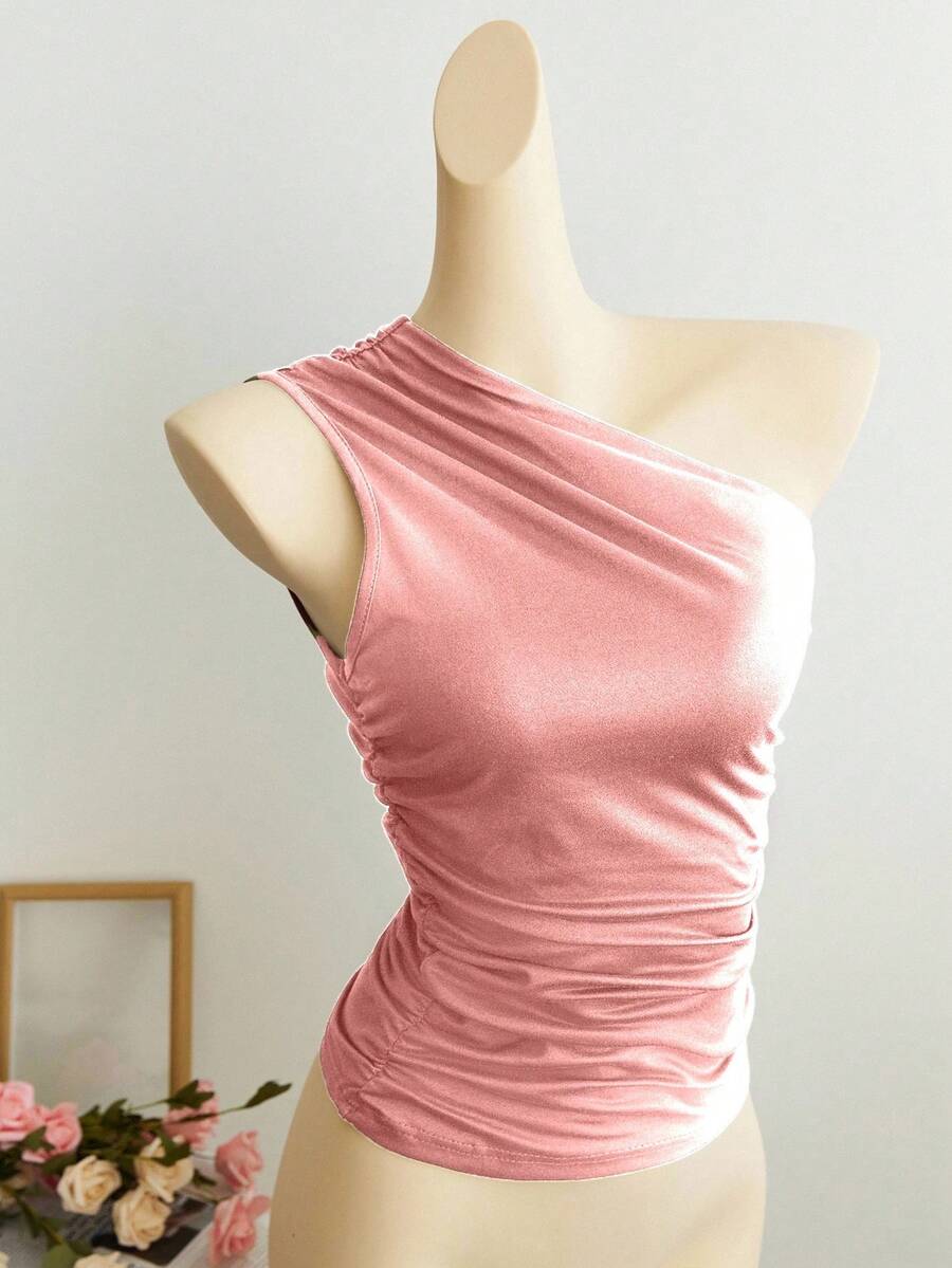 Elamini Áo kiểu ôm sát màu mơ, xếp ly, bất đối xứng vai, thời trang tối giản, thanh lịch, đa năng cho mặc hàng ngày và đi làm, mùa xuân/hè. - Màu Hồng baby - Xem 1