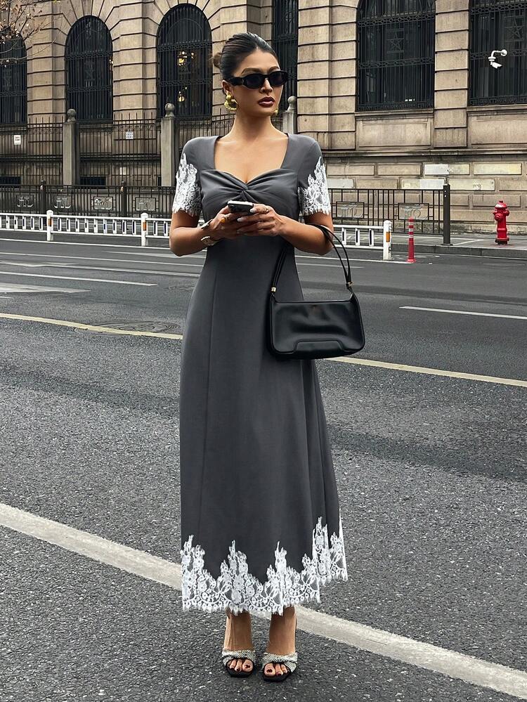 Women's Sweetheart Neck Twist Knot Contrast Lace Short Sleeve Elegant Dress Sundress Summer