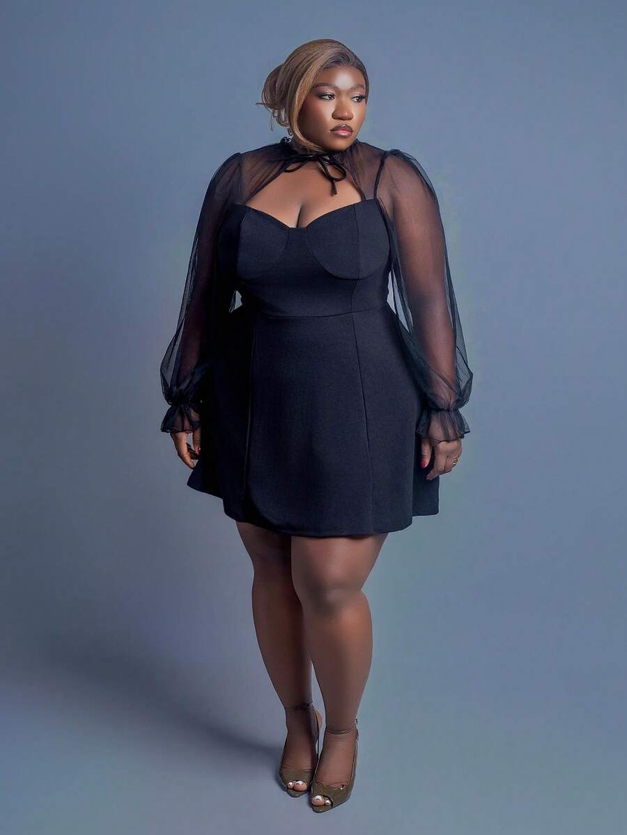 CurvyTilda 大碼繫帶領荷葉袖洋裝 - 黑色 - 查看 1