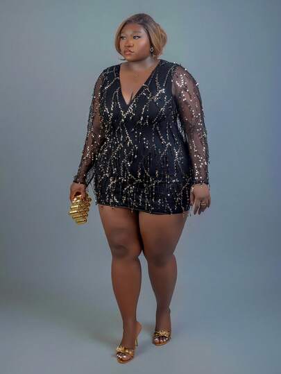 CurvyTilda 大码时尚派对亮片流苏装饰网眼连衣裙